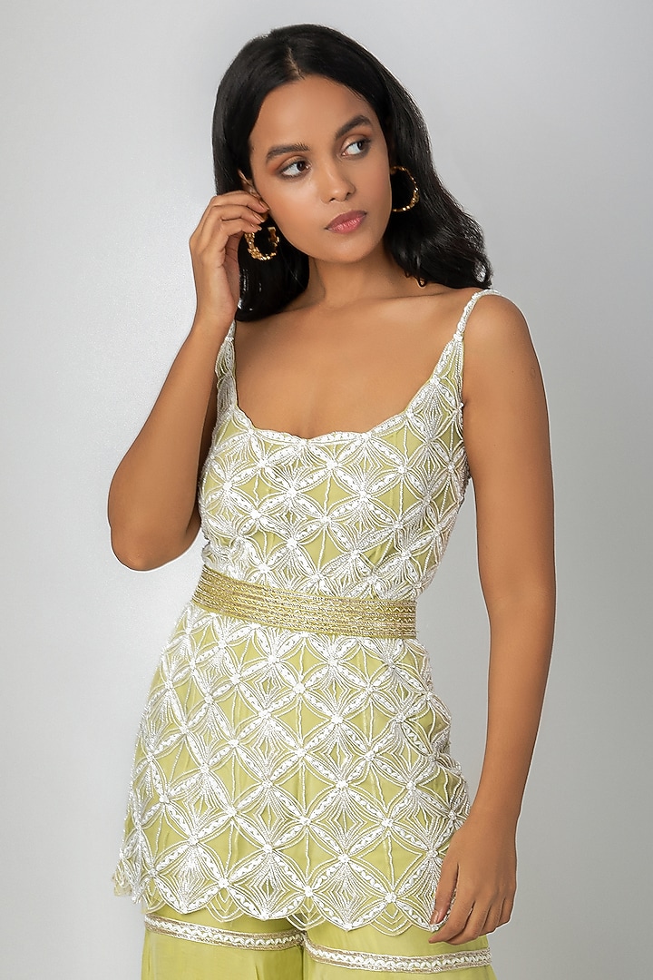 Jade Green Embroidered Kurta Set With Belt by Ritika Mirchandani at Pernia's Pop Up Shop