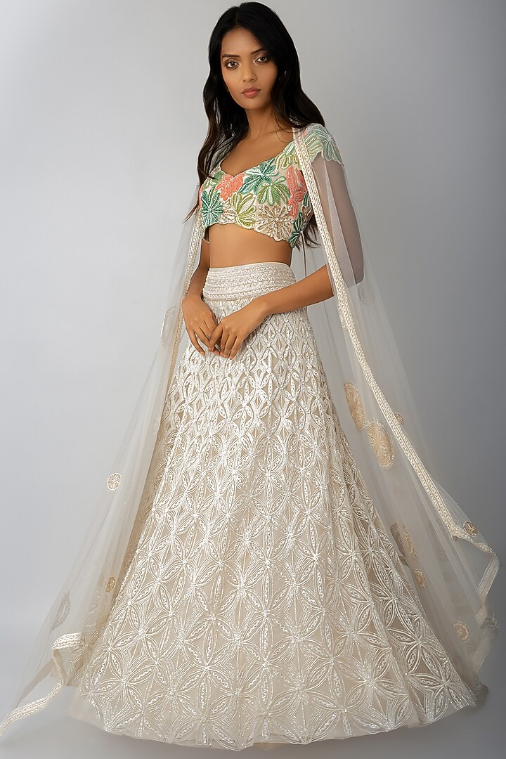 Ivory & Gold Embroidered & Floral Bridal Lehenga Set by Ritika Mirchandani at Pernia's Pop Up Shop