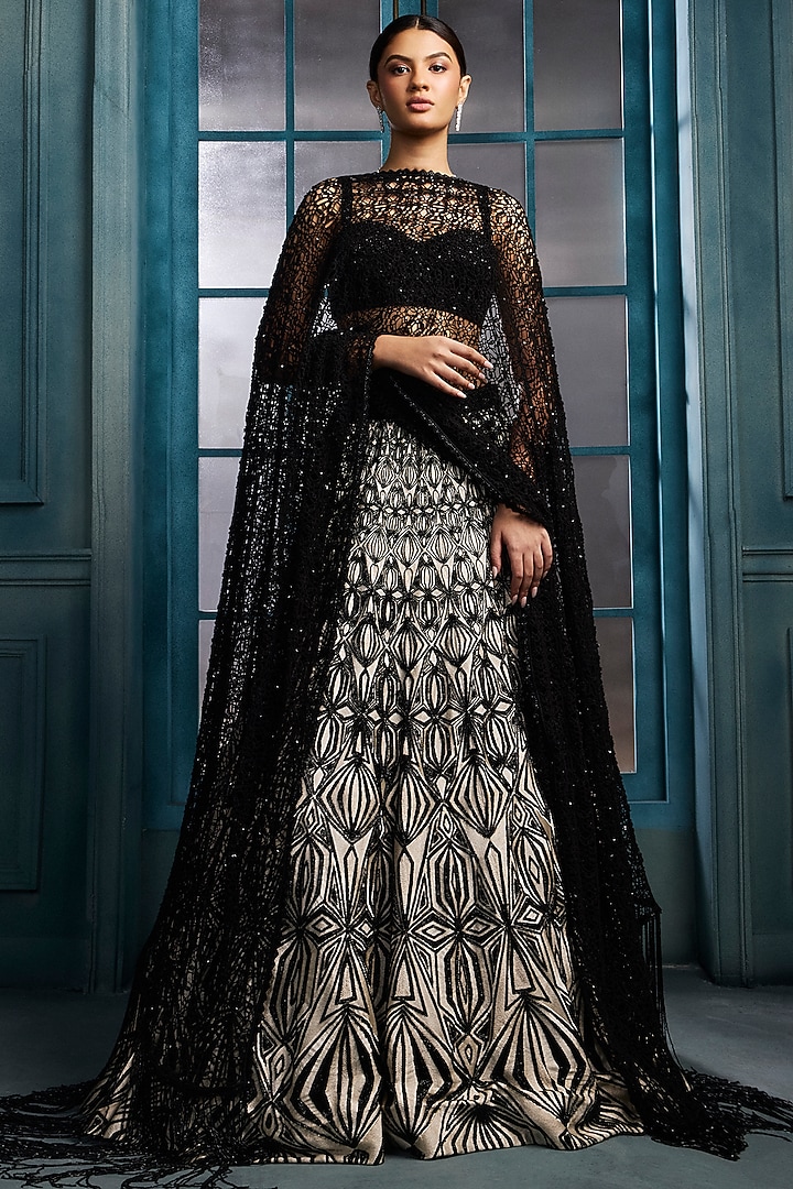 Monochrome Crepe Crystal Embroidered Bridal Lehenga Set by Ritika Mirchandani at Pernia's Pop Up Shop