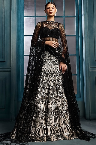 Monochrome Crepe Crystal Embroidered Lehenga Set by Ritika Mirchandani