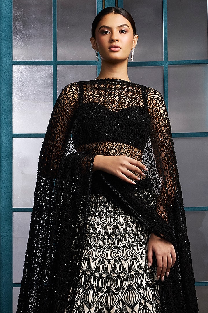 Monochrome Crepe Crystal Embroidered Bridal Lehenga Set by Ritika Mirchandani at Pernia's Pop Up Shop