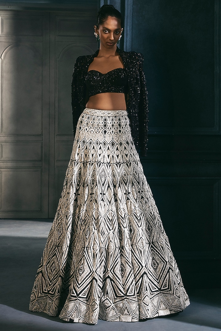 Silver Crepe Crystal Embroidered Bridal Lehenga Set by Ritika Mirchandani at Pernia's Pop Up Shop