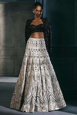 Silver Crepe Crystal Embroidered Lehenga Set by Ritika Mirchandani