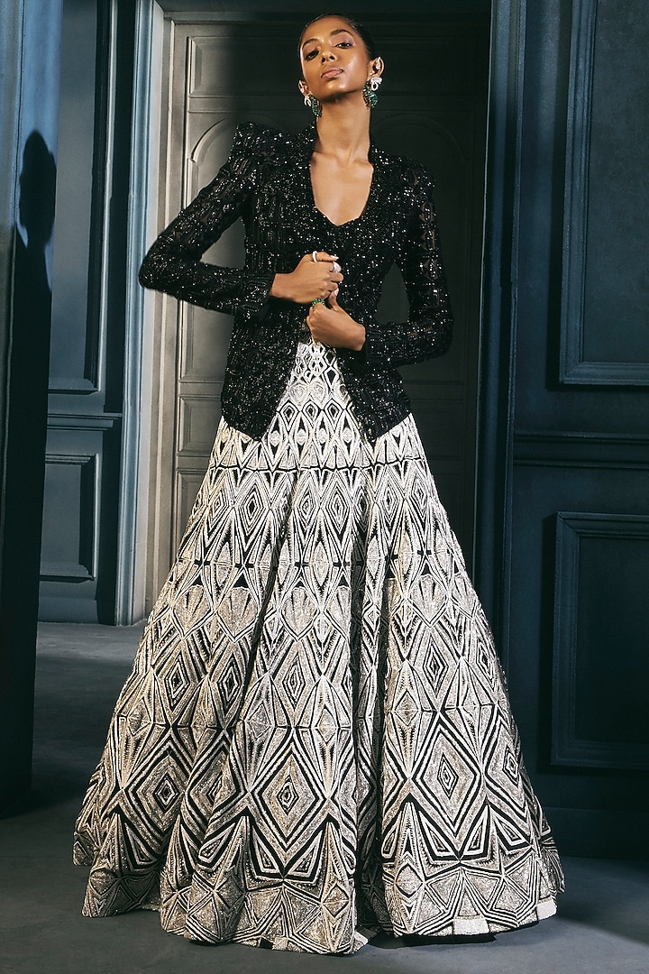 Silver Crepe Crystal Embroidered Bridal Lehenga Set by Ritika Mirchandani at Pernia's Pop Up Shop