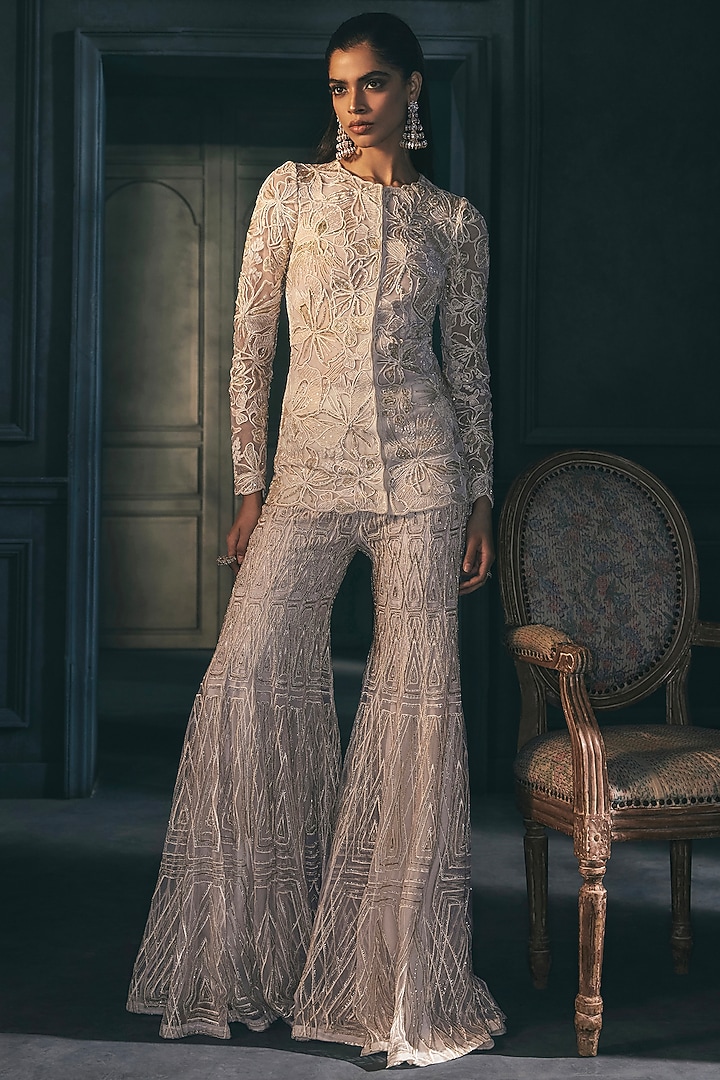 Ivory & Gold Crepe Crystal Embroidered Bridal Sharara Set by Ritika Mirchandani at Pernia's Pop Up Shop