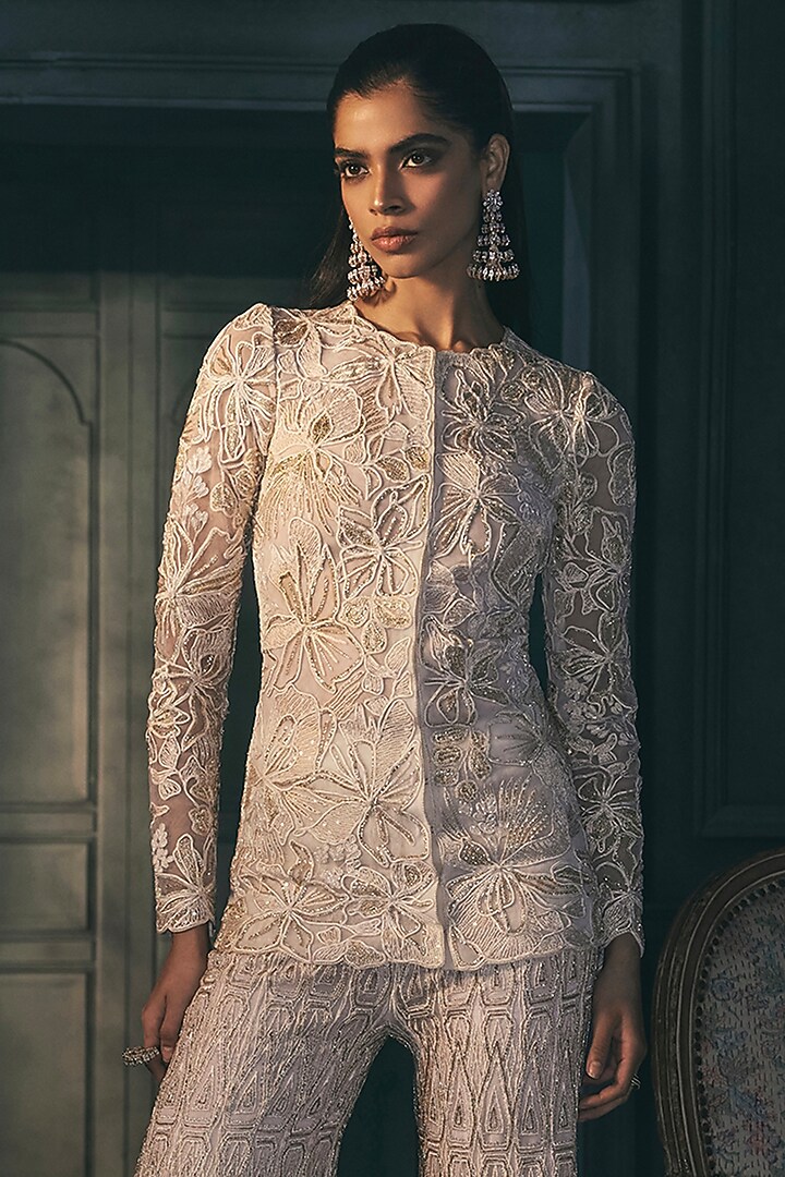 Ivory & Gold Crepe Crystal Embroidered Bridal Sharara Set by Ritika Mirchandani at Pernia's Pop Up Shop