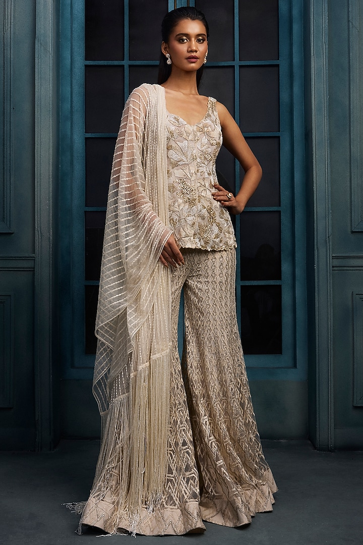 Ivory & Gold Crepe Crystal Embroidered Bridal Sharara Set by Ritika Mirchandani at Pernia's Pop Up Shop