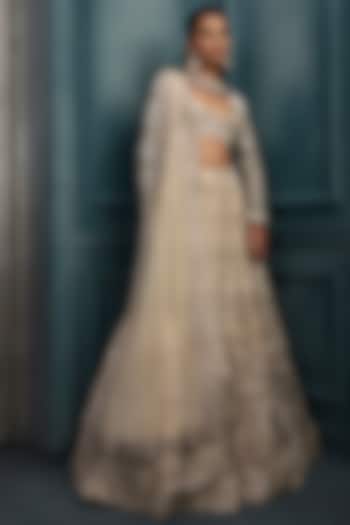 Ivory & Gold Crepe Crystal Embroidered Bridal Lehenga Set by Ritika Mirchandani at Pernia's Pop Up Shop