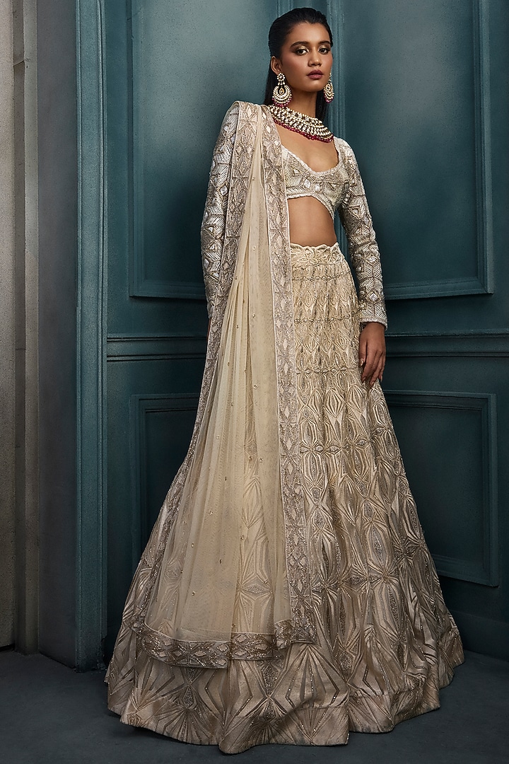 Ivory & Gold Crepe Crystal Embroidered Bridal Lehenga Set by Ritika Mirchandani at Pernia's Pop Up Shop