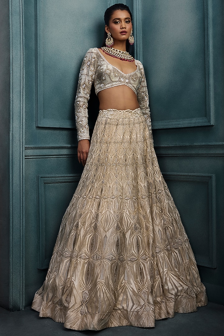 Ivory & Gold Crepe Crystal Embroidered Bridal Lehenga Set by Ritika Mirchandani at Pernia's Pop Up Shop