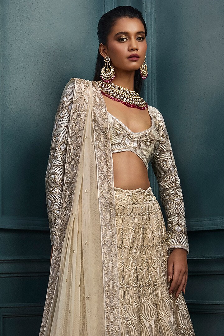 Ivory & Gold Crepe Crystal Embroidered Bridal Lehenga Set by Ritika Mirchandani at Pernia's Pop Up Shop