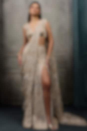 Ivory & Gold Crepe Crystal Embroidered Bridal Lehenga Saree Set by Ritika Mirchandani at Pernia's Pop Up Shop