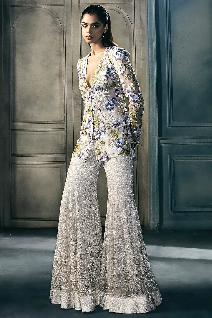 Ivory Crepe Crystal Embroidered Bridal Sharara Set by Ritika Mirchandani at Pernia's Pop Up Shop