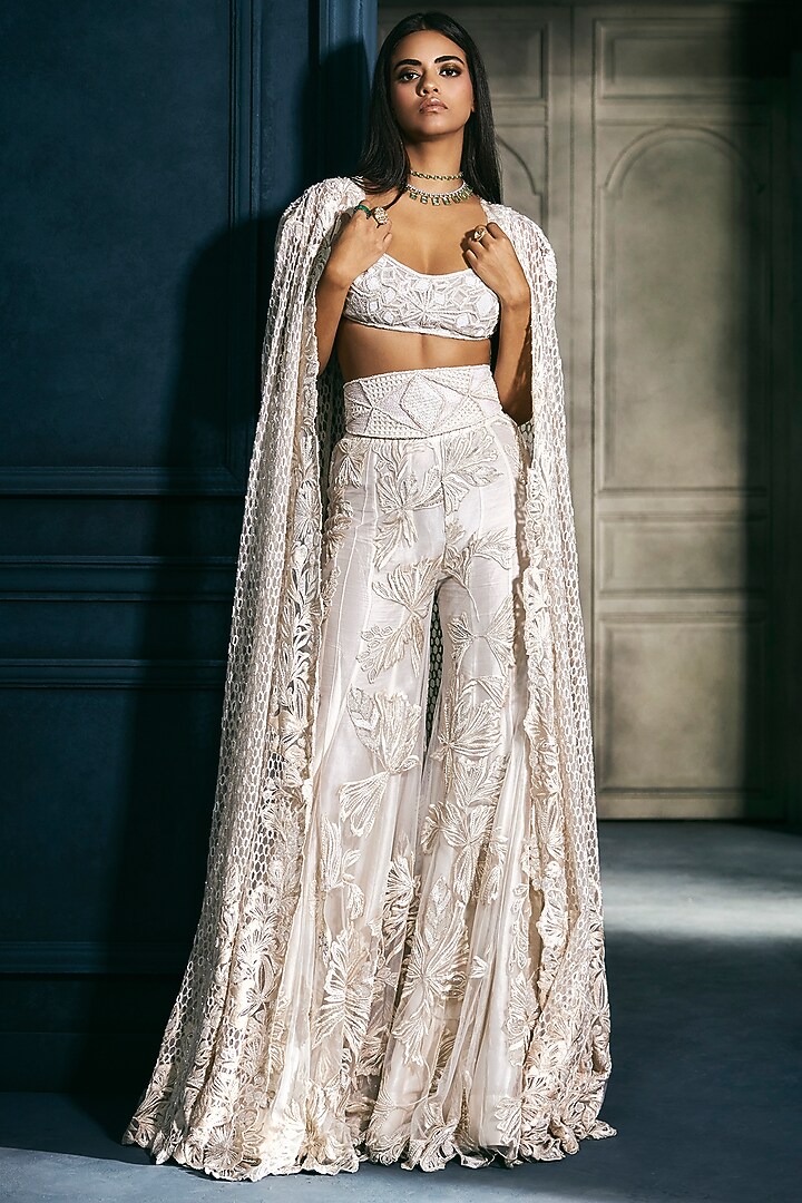 Ivory & Gold Crepe Crystal Embroidered Cape Set by Ritika Mirchandani at Pernia's Pop Up Shop
