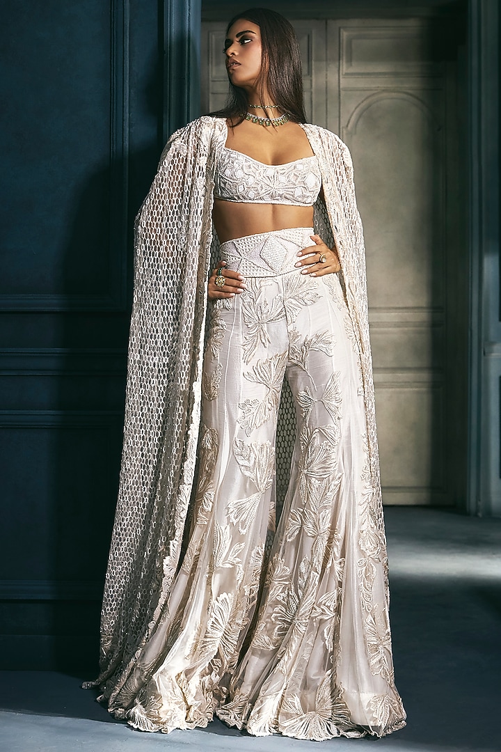 Ivory & Gold Crepe Crystal Embroidered Cape Set by Ritika Mirchandani at Pernia's Pop Up Shop