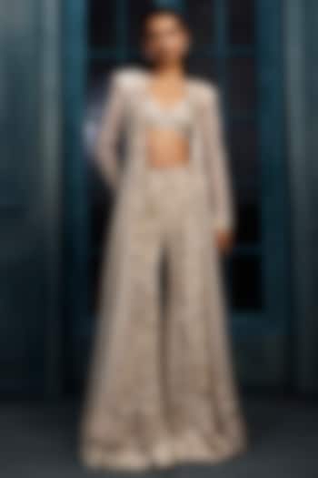 Ivory & Gold Crepe Crystal Embroidered Jacket Set by Ritika Mirchandani at Pernia's Pop Up Shop