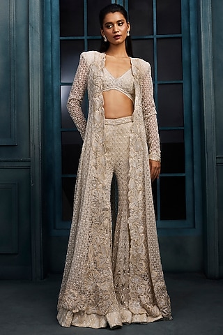 Ivory & Gold Crepe Crystal Embroidered Jacket Set by Ritika Mirchandani