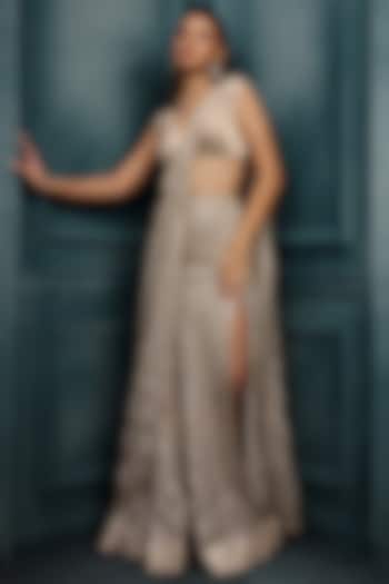 Ivory & Gold Crepe Crystal Embroidered Bridal Lehenga Saree Set by Ritika Mirchandani at Pernia's Pop Up Shop