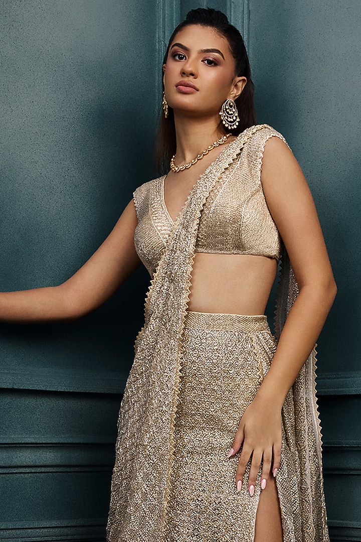 Ivory & Gold Crepe Crystal Embroidered Bridal Lehenga Saree Set by Ritika Mirchandani at Pernia's Pop Up Shop