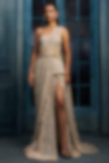 Ivory & Gold Crepe Crystal Embroidered Bridal Lehenga Saree Set by Ritika Mirchandani at Pernia's Pop Up Shop