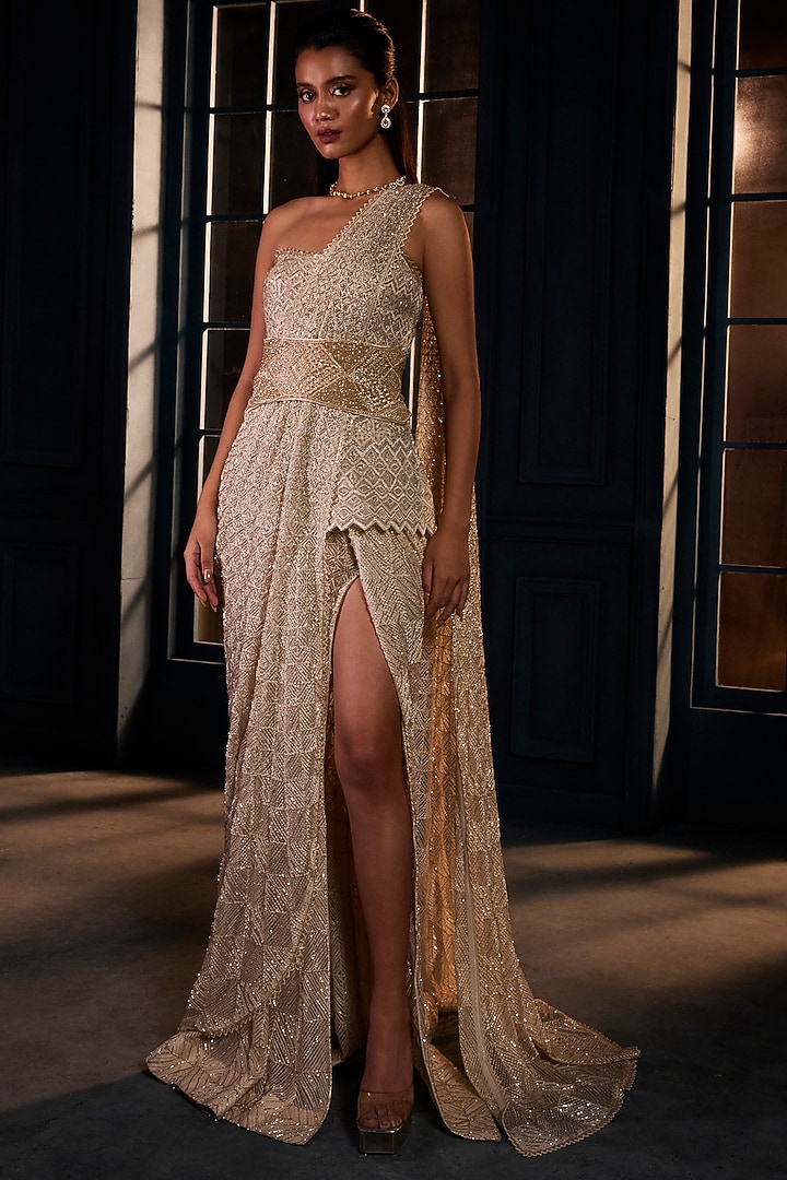 Ivory & Gold Crepe Crystal Embroidered Bridal Lehenga Saree Set by Ritika Mirchandani at Pernia's Pop Up Shop
