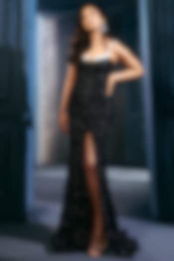 Black Doube Georgette Crystal Embroidered Slit Skirt Set by Ritika Mirchandani at Pernia's Pop Up Shop