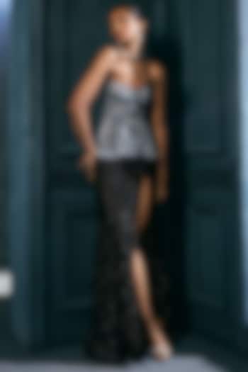 Black Doube Georgette Crystal Embroidered Slit Skirt Set by Ritika Mirchandani at Pernia's Pop Up Shop
