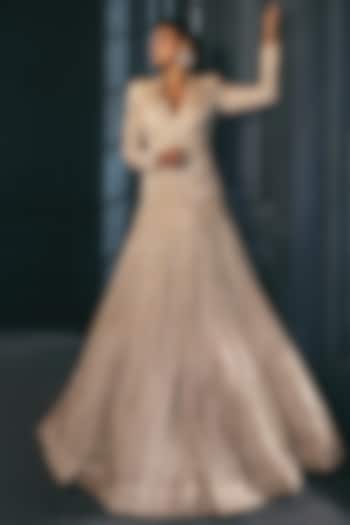 Ivory & Gold Crepe Crystal Embroidered Bridal Lehenga Set by Ritika Mirchandani at Pernia's Pop Up Shop
