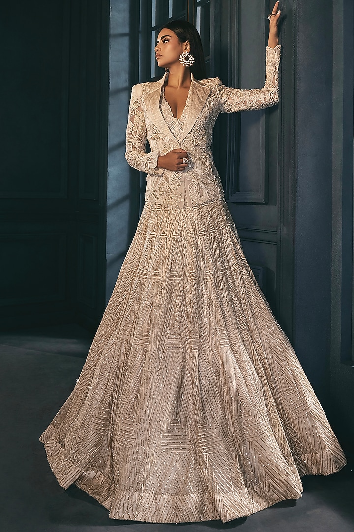 Ivory & Gold Crepe Crystal Embroidered Bridal Lehenga Set by Ritika Mirchandani at Pernia's Pop Up Shop