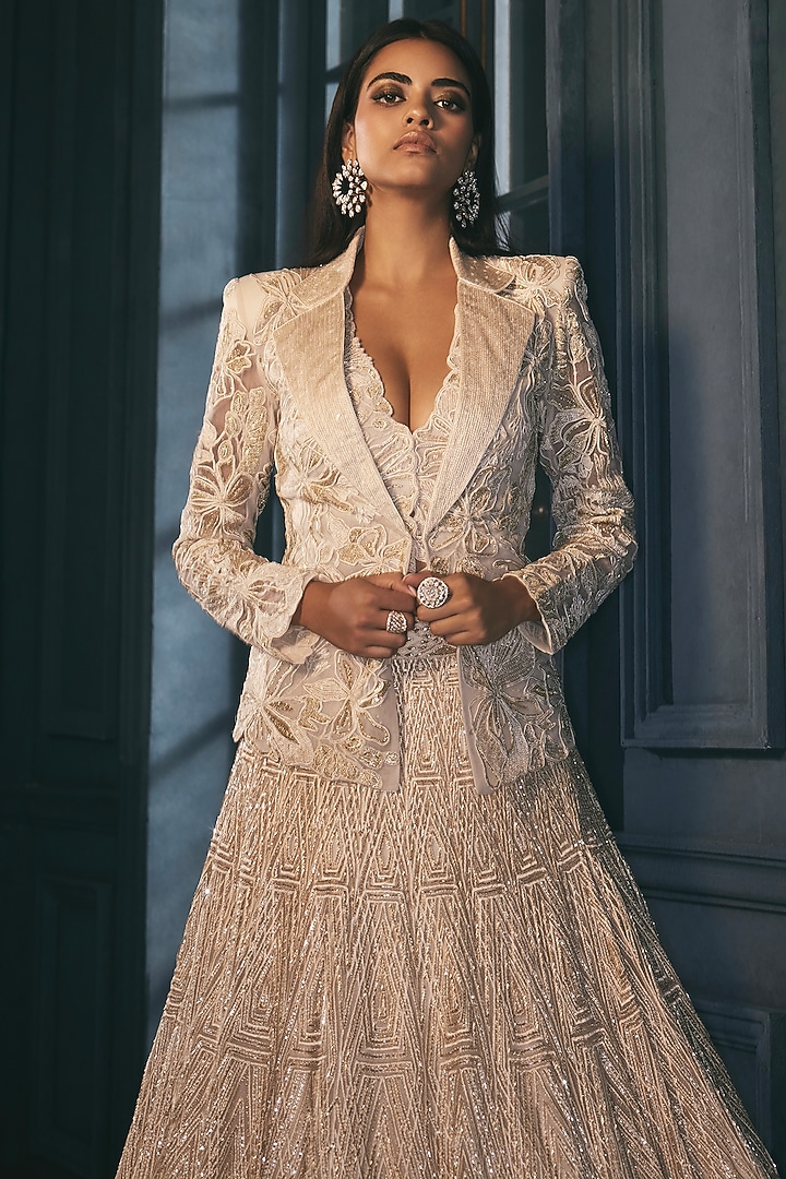Ivory & Gold Crepe Crystal Embroidered Bridal Lehenga Set by Ritika Mirchandani at Pernia's Pop Up Shop