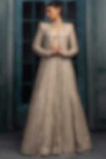 Ivory & Gold Crepe Crystal Embroidered Jacket Bridal Lehenga Set by Ritika Mirchandani at Pernia's Pop Up Shop