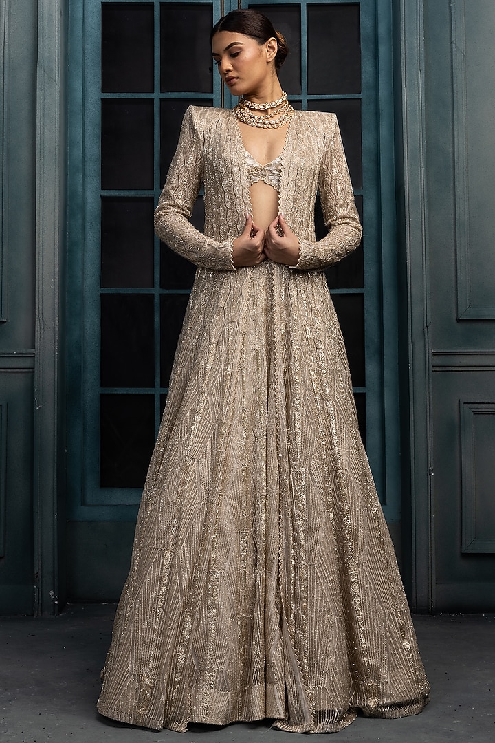 Ivory & Gold Crepe Crystal Embroidered Jacket Bridal Lehenga Set by Ritika Mirchandani at Pernia's Pop Up Shop