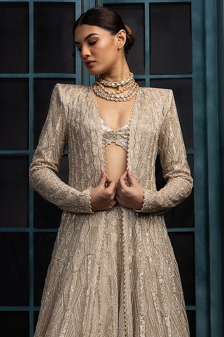 Ivory & Gold Crepe Crystal Embroidered Jacket Bridal Lehenga Set by Ritika Mirchandani at Pernia's Pop Up Shop