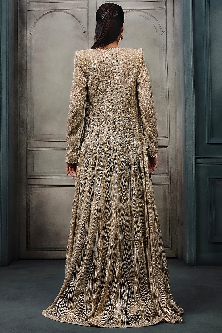 Ivory & Gold Crepe Crystal Embroidered Jacket Set by Ritika Mirchandani at Pernia's Pop Up Shop