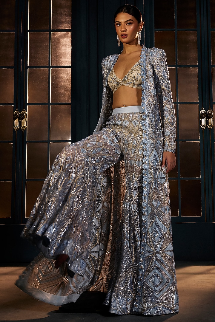 Ice Blue & Gold Crepe Crystal Embroidered Bridal Sharara Set by Ritika Mirchandani at Pernia's Pop Up Shop