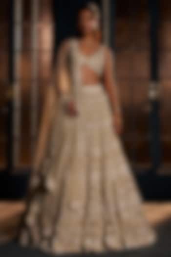 Ivory & Gold Crepe Crystal Embroidered Bridal Lehenga Set by Ritika Mirchandani at Pernia's Pop Up Shop
