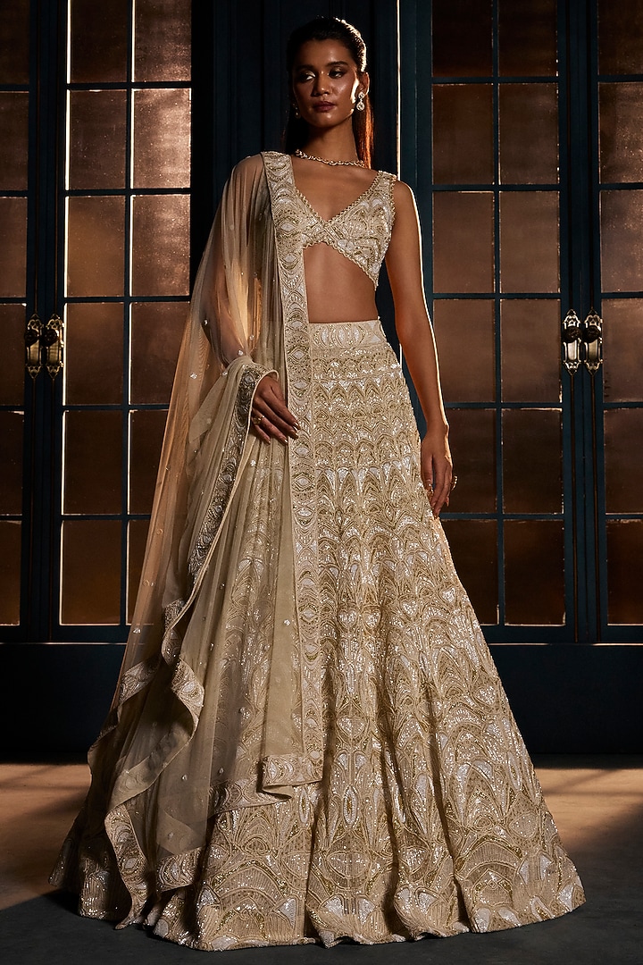 Ivory & Gold Crepe Crystal Embroidered Bridal Lehenga Set by Ritika Mirchandani at Pernia's Pop Up Shop