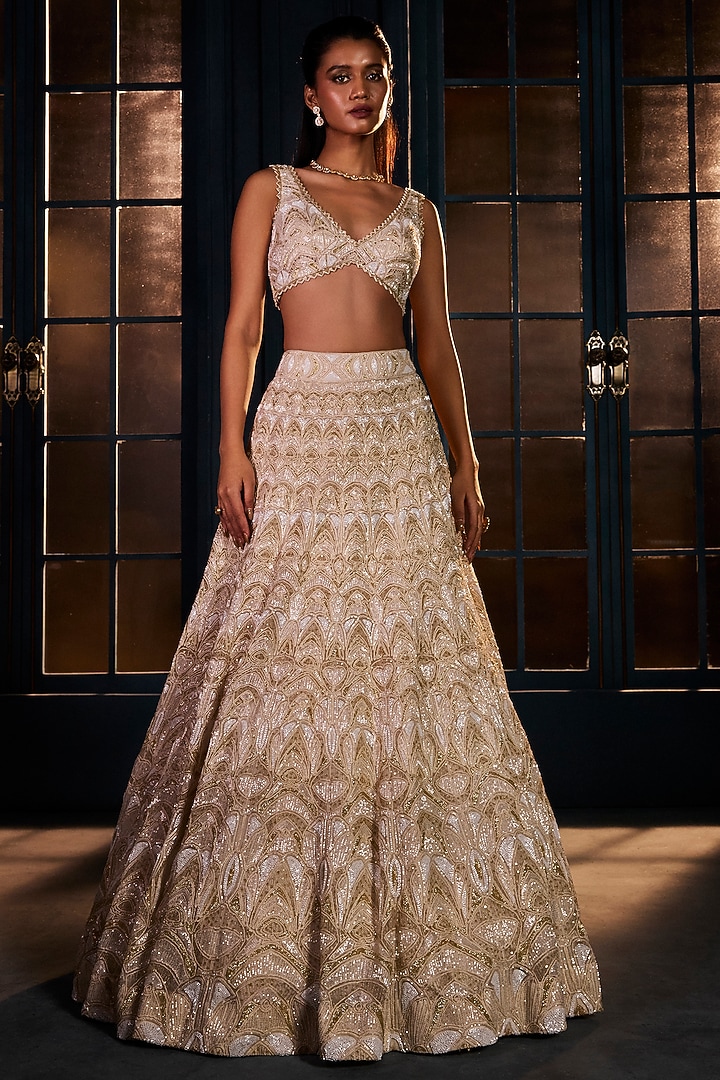 Ivory & Gold Crepe Crystal Embroidered Bridal Lehenga Set by Ritika Mirchandani at Pernia's Pop Up Shop