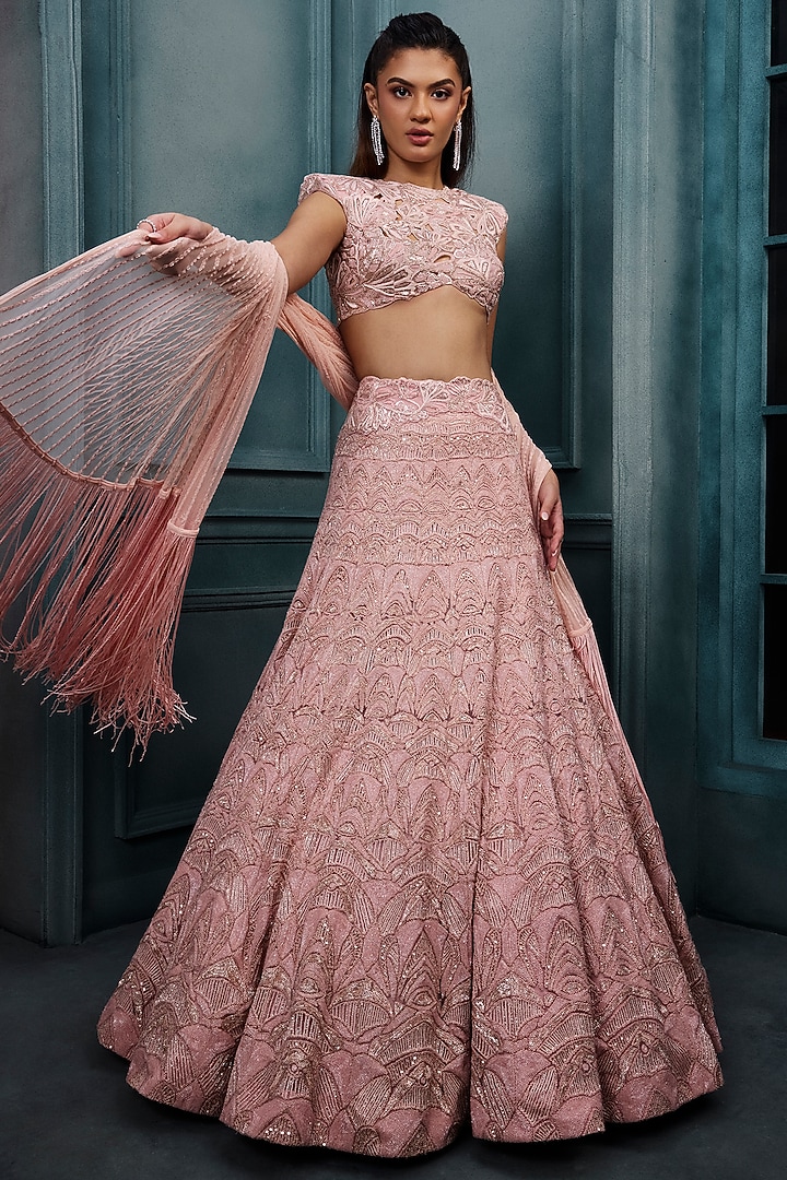 Blush Pink Crepe Crystal Embroidered Bridal Lehenga Set by Ritika Mirchandani at Pernia's Pop Up Shop