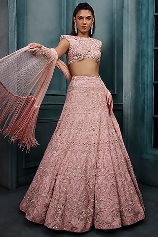 Blush Pink Crepe Crystal Embroidered Lehenga Set by Ritika Mirchandani