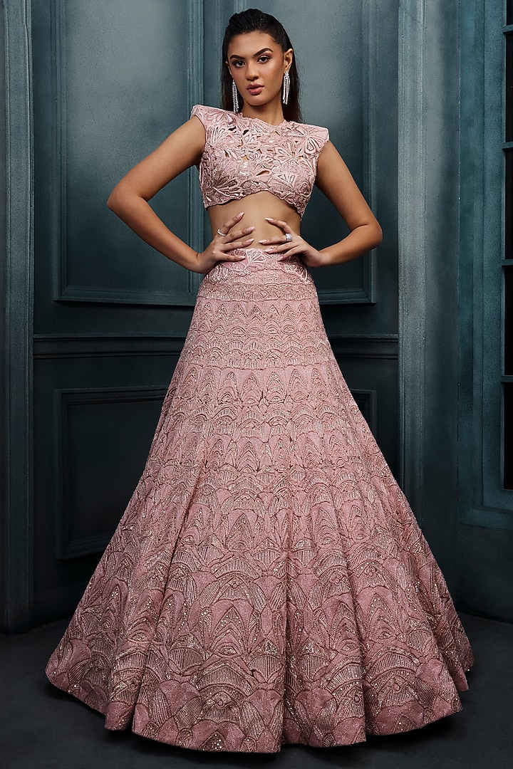 Blush Pink Crepe Crystal Embroidered Bridal Lehenga Set by Ritika Mirchandani at Pernia's Pop Up Shop