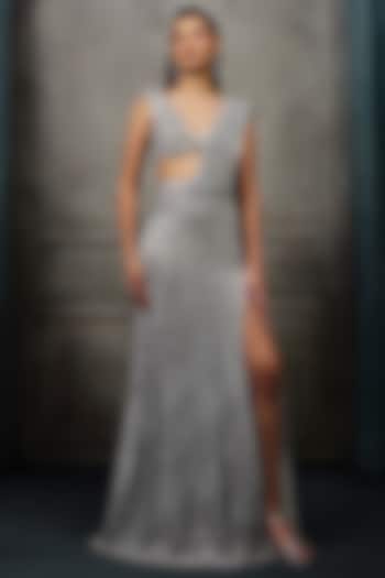 Grey & Silver Crepe Crystal Embroidered Bridal Lehenga Saree Set by Ritika Mirchandani at Pernia's Pop Up Shop