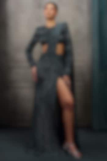 Navy Blue Crepe Crystal Embroidered Slit Bridal Lehenga Saree Set by Ritika Mirchandani at Pernia's Pop Up Shop