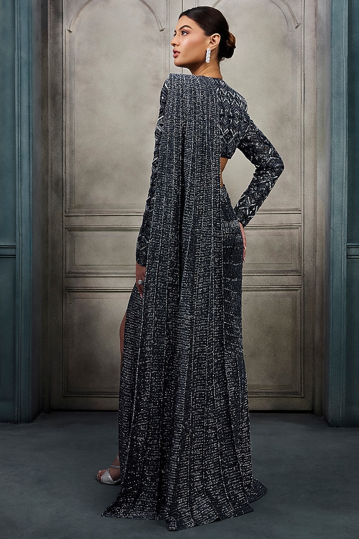 Navy Blue Crepe Crystal Embroidered Slit Bridal Lehenga Saree Set by Ritika Mirchandani at Pernia's Pop Up Shop