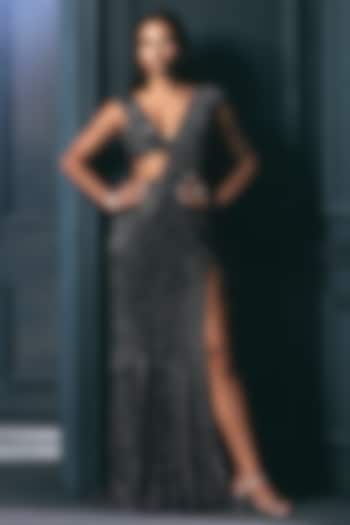 Navy Blue Crepe Crystal Embroidered Slit Bridal Lehenga Saree Set by Ritika Mirchandani at Pernia's Pop Up Shop