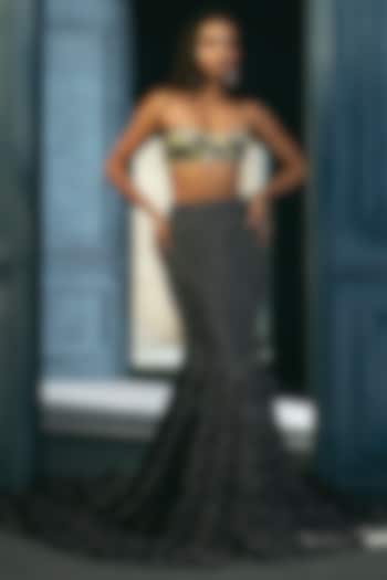 Navy Blue Crepe Crystal Embroidered Trail Skirt Set by Ritika Mirchandani at Pernia's Pop Up Shop