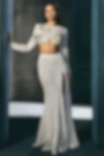 Ivory & Gold Crepe Crystal Embroidered Slit Skirt Set by Ritika Mirchandani at Pernia's Pop Up Shop