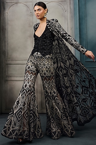 Monochrome Crepe Crystal Embroidered Sharara Set by Ritika Mirchandani