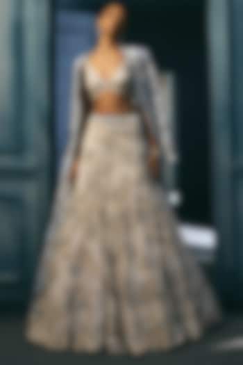 Ice Blue Crepe Crystal Embroidered Jacket Bridal Lehenga Set by Ritika Mirchandani at Pernia's Pop Up Shop