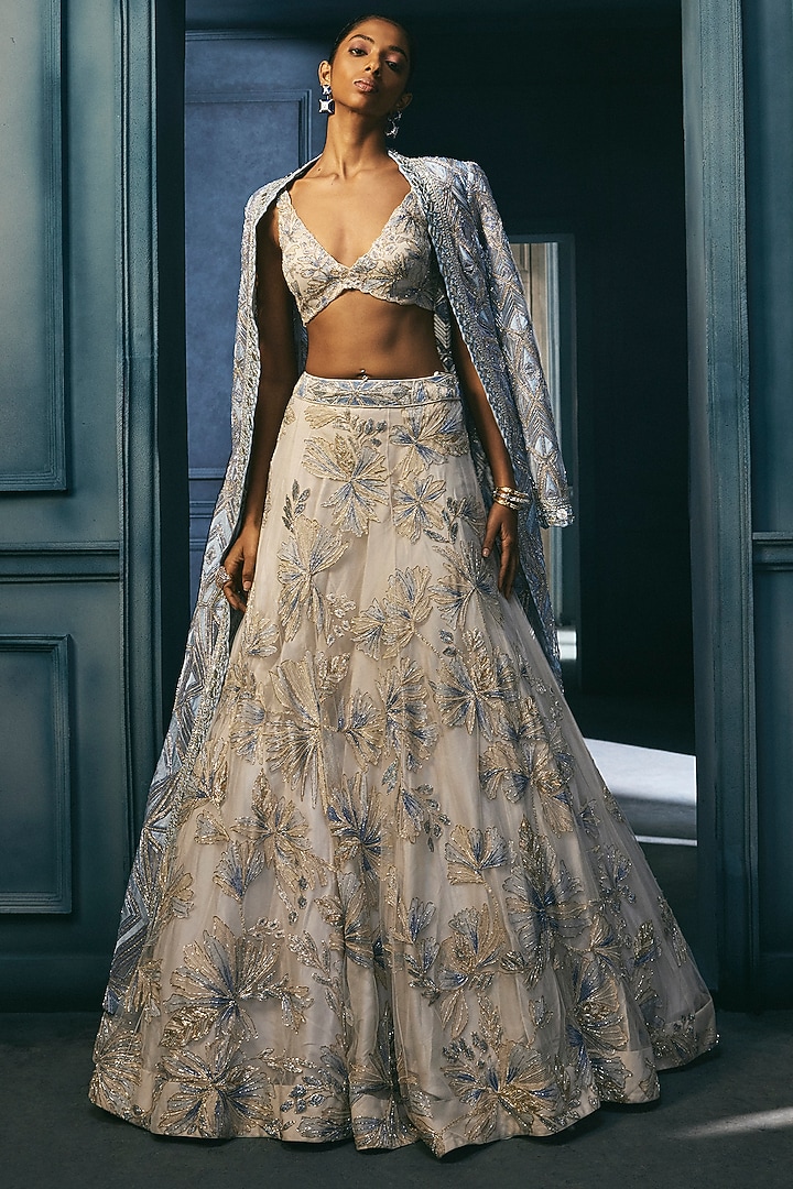 Ice Blue Crepe Crystal Embroidered Jacket Bridal Lehenga Set by Ritika Mirchandani at Pernia's Pop Up Shop